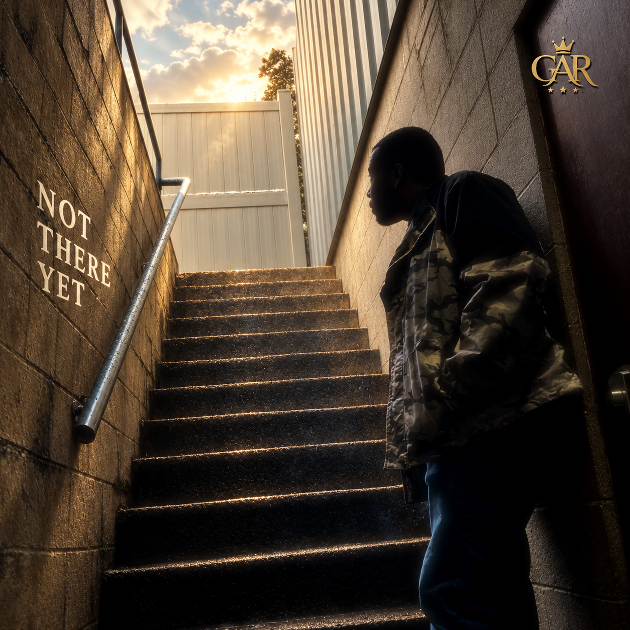 Not There Yet cover art, showing JayA looking up a stairwell toward the light